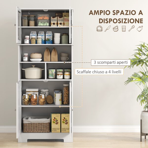 HOMCOM Credenza Cucina con 2 Armadietti e 3 Vani Aperti, Ante a Vetro e Ripiani Regolabili, 60x30x145.5 cm, Bianco | Aosom Italy