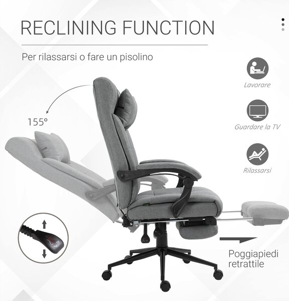 Vinsetto Sedia Da Ufficio Reclinabile Con Poggiapiedi Retrattile E Schienale Alto In Tessuto Grigio 92852184