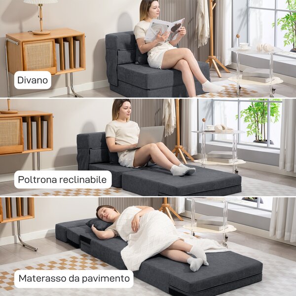 HOMCOM Poltrona Letto Convertibile con cuscino in Chaise Longue e Materasso, 80x80x64 cm, Grigio Scuro | Aosom Italy