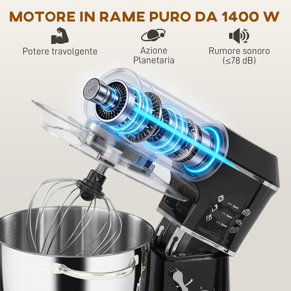 HOMCOM Impastatrice Planetaria 1400W con Ciotola 7L e 6 Velocità, Gancio Impastatore, Frusta e Sbattitore, Nero | Aosom Italy