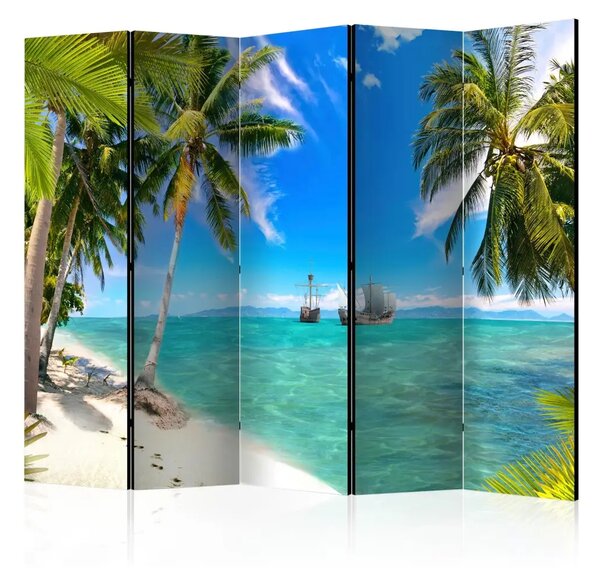 Paravento Navi Perdute II - Paesaggio di spiaggia e oceano blu con navi