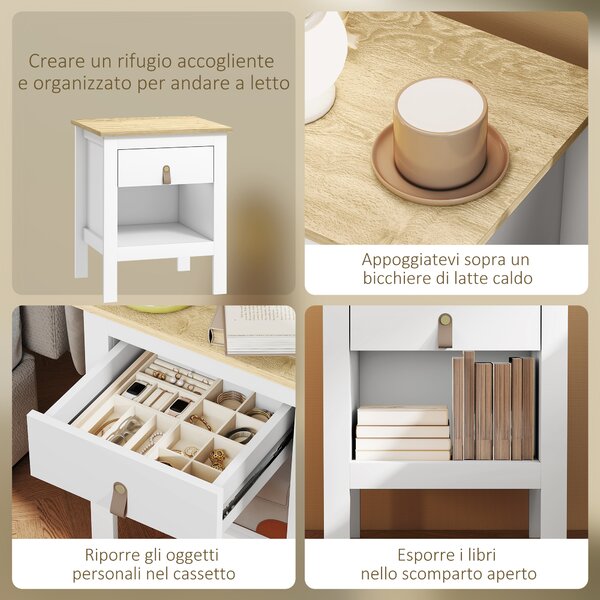 HOMCOM Set 2 Comodini con Cassetto e Ripiano Aperto in Legno, 45x40x55 cm, Bianco e Rovere | Aosom Italy