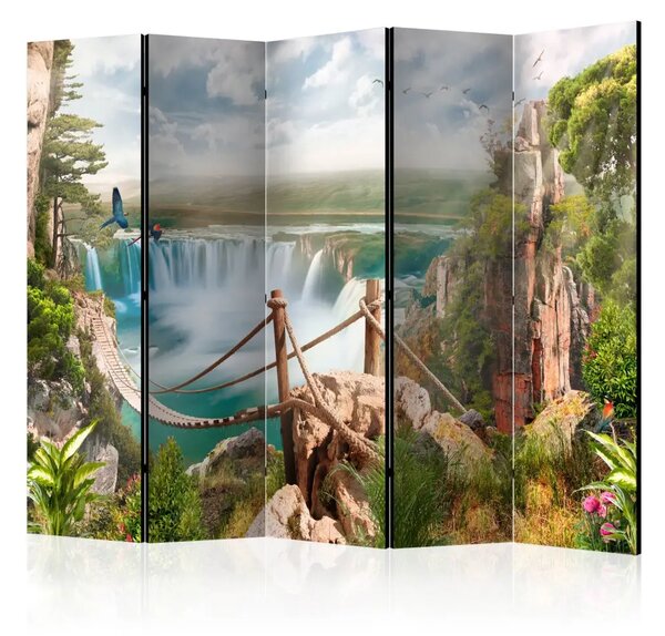 Paravento separè Eden nascosto II - paesaggio tropicale fantastico con ponte e cascata