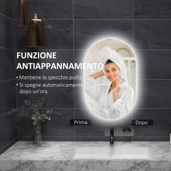 Kleankin Specchio Bagno LED Antiappannamento con Luminosità Regolabile, in Vetro e Alluminio, 81x51x4.5 cm | Aosom Italy