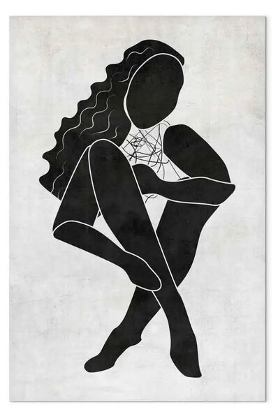 Quadro moderno Figura seduta di una donna - silhouette nera su sfondo grigio