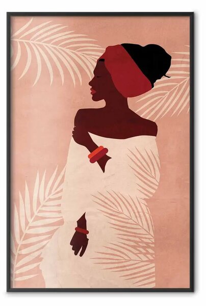Poster: Relax sotto le palme - donna pelle scura, palme, muro rosa