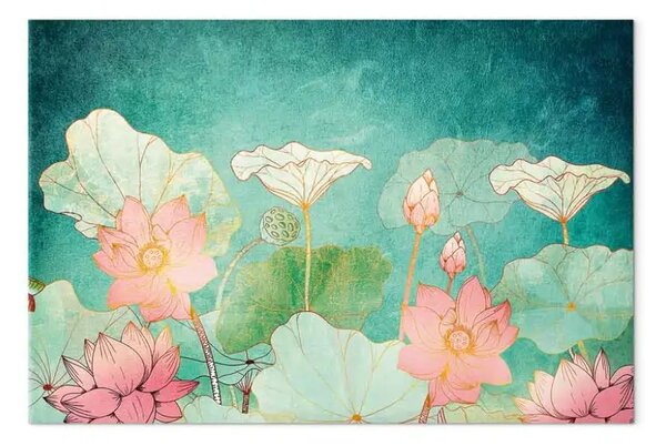 Quadro contemporaneo Fiori da favola largo - piante disegnate a colori