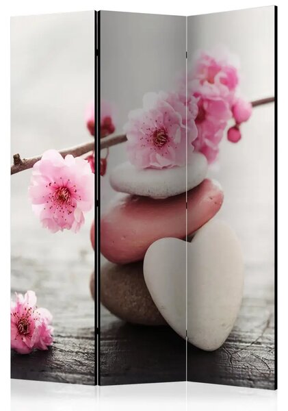 Paravento design Fiori sbocciati - fiori di ciliegio e sassi in stile zen