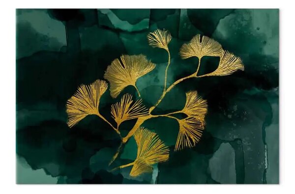 Quadro su tela Ginko dorato largo - paesaggio di piante in stile glamour