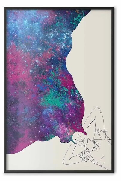 Poster: Sogni cosmici - donna astratta con capelli in forma di universo