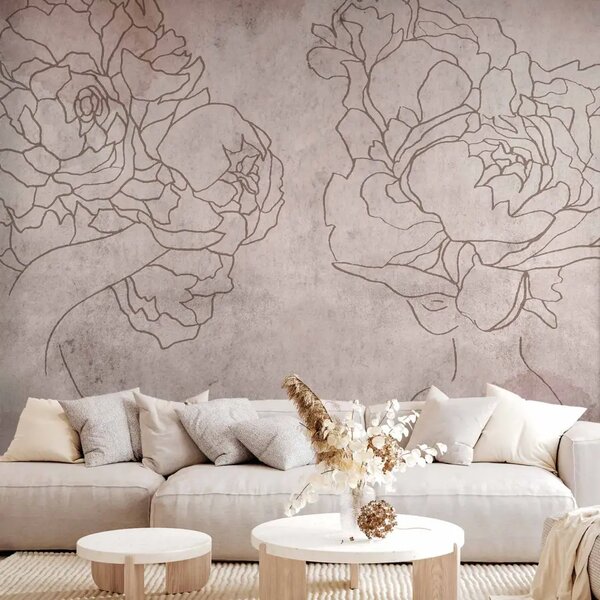Carta da parati Astratto floreale - sagome umane in stile lineart con fiori