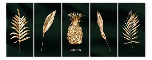 Quadro Flora d'oro - immagine a 5 pezzi di foglie e frutta coperta di oro
