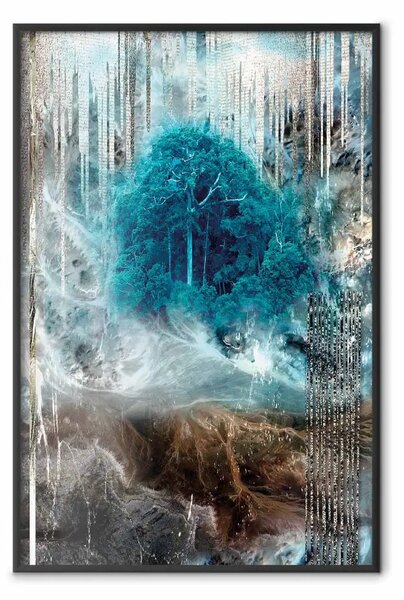 Poster: Rifugio - paesaggio astratto di foresta con albero turchese al centro
