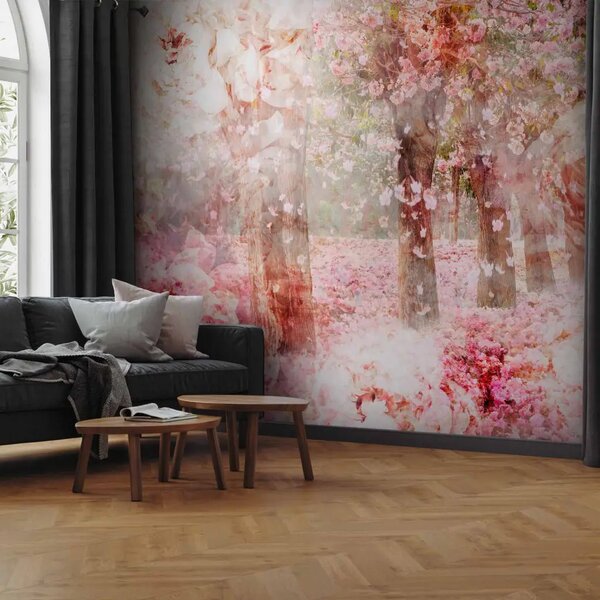 Carta da parati moderna Passeggiata in paradiso - paesaggio con alberi e fiori rosa in fiore