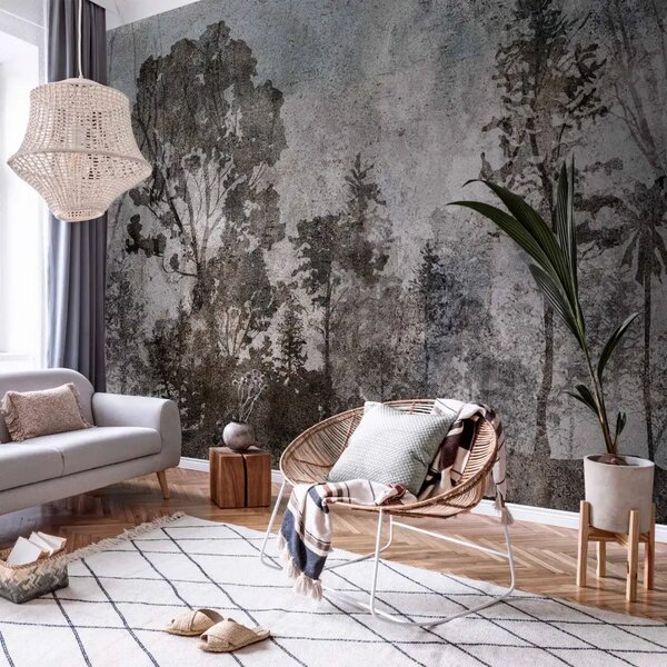 Carta da parati Pejzaż minimalistico - Foresta in bianco e nero con alberi