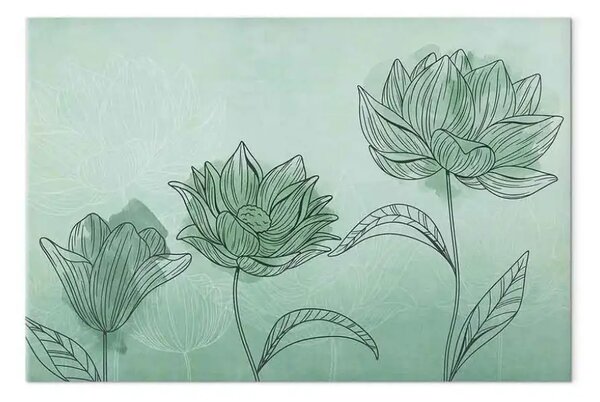 Quadro moderno Trio floreale - Astrazione con motivo floristico su acquamarina