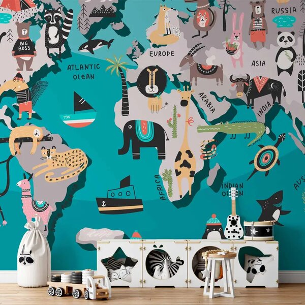 Carta da parati moderna Lezione di geografia per bambini - Mappamondo colorato con animali