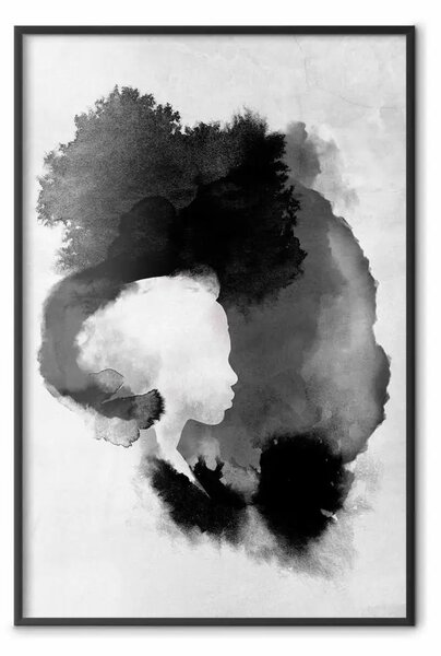 Poster: Dipinto di luce - astrazione nera di un volto umano su sfondo bianco