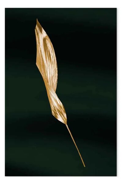Quadro contemporaneo Foglia piegata da oro - tema botanico sullo sfondo di verde bottiglia