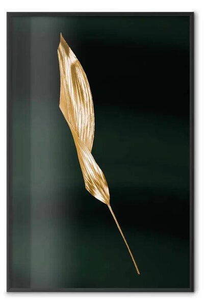 Poster: Foglia nel vento - composizione dorata di foglia su sfondo verde scuro