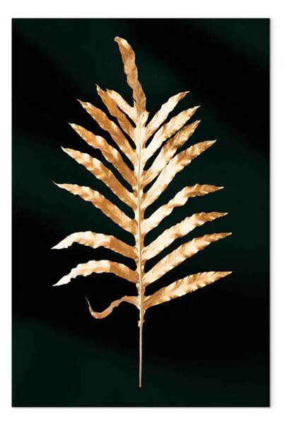 Quadro moderno Foglia di palma dorata - tema botanico su sfondo di verde bottiglia