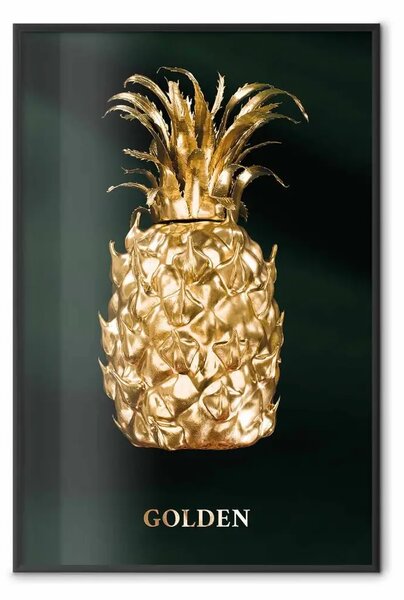 Poster: Esotica dorata - composizione dorata di ananas su sfondo verde scuro