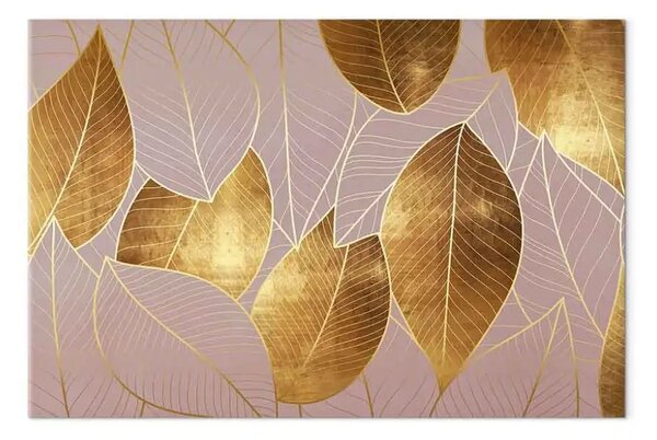 Quadro Modello dorato viola con foglie - tema botanico in stile glamour