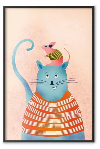 Poster: Buoni amici - divertente gatto blu e topo rosa su sfondo chiaro