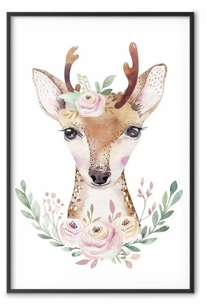 Poster: Cervo Juliusz - composizione di piante rosa e cervo su sfondo bianco