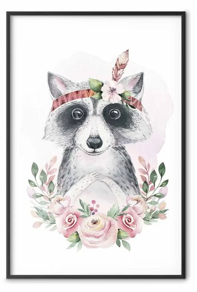 Poster: Procione Szymon - fiori e animale su sfondo chiaro