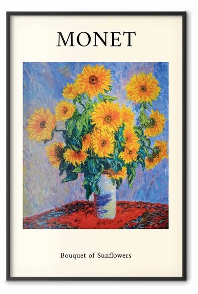 Poster: Girasoli decorativi - bouquet di fiori gialli in un vaso e scritte