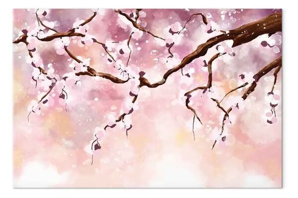 Quadro moderno Ramo di ciliegio fiorito - illustrazione con un albero su sfondo rosa