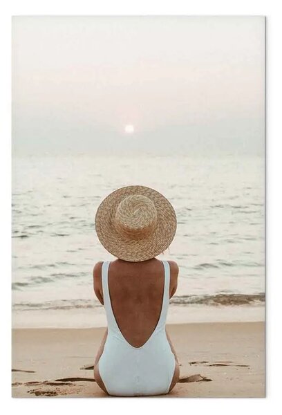 Quadro moderno Donna col cappello sulla spiaggia - Paesaggio marino con il tramonto