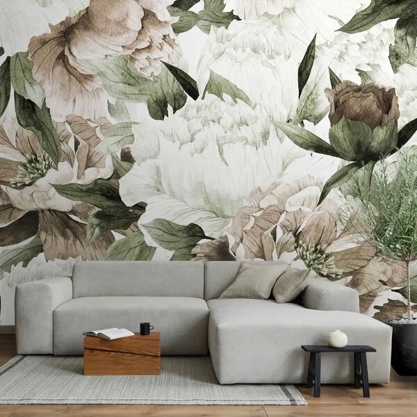 Carta da parati moderna Fiori in fiore - composizione con motivo floreale con peonie e foglie