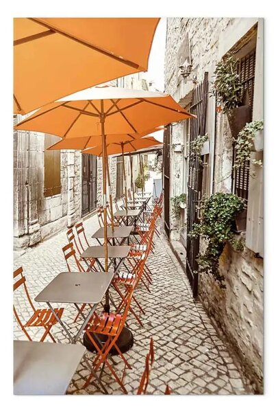 Quadro su tela Caffè italiano - una foto di strade strette con tavoli e ombrelloni