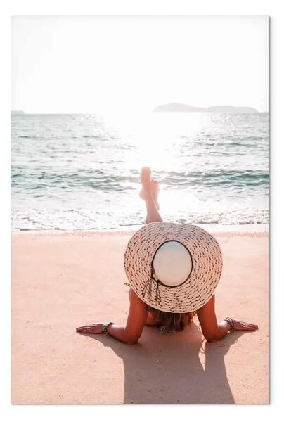 Quadro moderno Riposa sulla spiaggia - Paesaggio marino con una donna col cappello