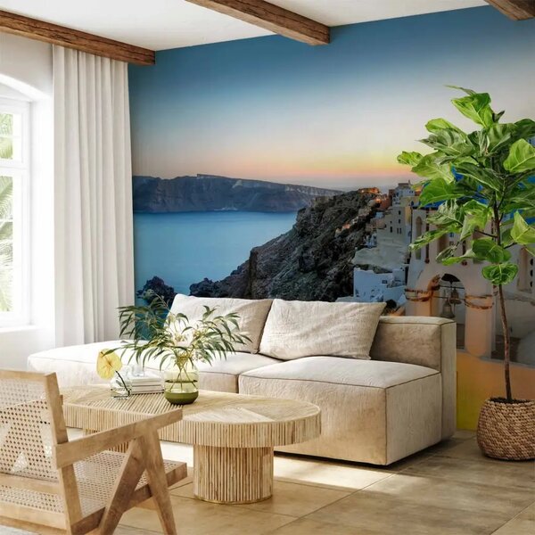 Carta da parati moderna Santorini durante il tramonto - paesaggio marino greco con architettura