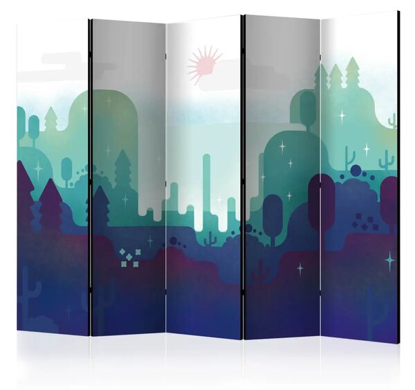 Paravento design Paesaggio fiabesco II - monti e alberi per bambini