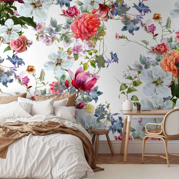 Carta da parati Bouquet multicolore - fiori colorati su sfondo bianco in stile vintage