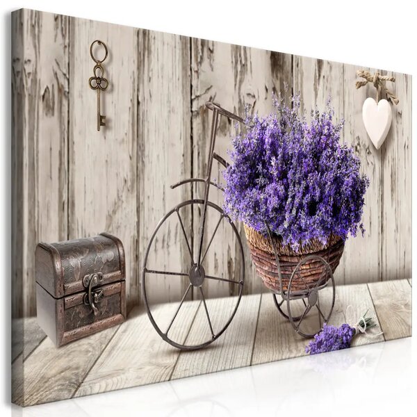 Bouquet segreto di lavanda II - fiori in vaso a forma di bicicletta su sfondo di legno