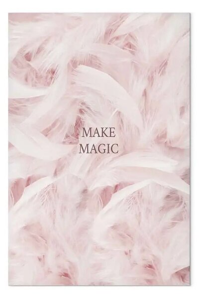 Quadro moderno Scritta marrone Make magic - astrazione con piume rosa sullo sfondo