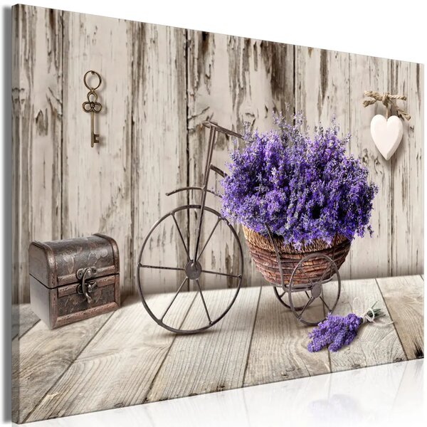 Bouquet segreto di lavanda III - fiori in vaso a forma di bicicletta su sfondo di legno