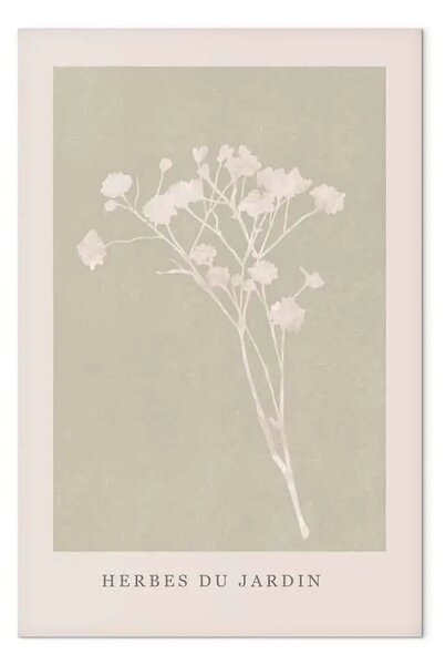 Quadro moderno Erbe in giardino - un ramo luminoso su sfondo beige e scritta francese