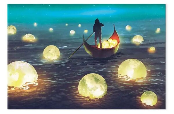 Quadro moderno Crociera al chiaro di luna - tema astratto con un uomo in una barca