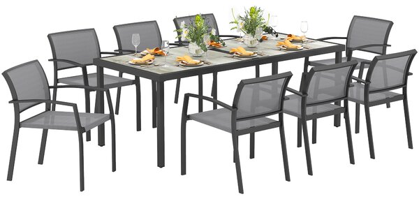 Outsunny Set da Giardino con Tavolo da Pranzo Rettangolare e 8 Sedie Impilabili con Braccioli, Grigio