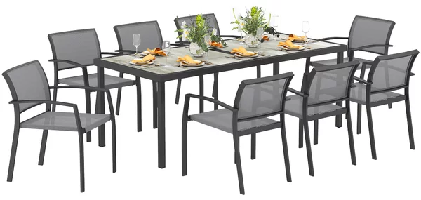 Outsunny Set da Giardino con Tavolo da Pranzo Rettangolare e 8 Sedie Impilabili con Braccioli, Grigio