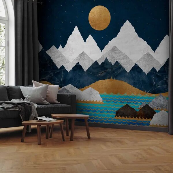 Carta da parati Disegno di un paesaggio di montagna - paesaggio notturno con montagne, luna