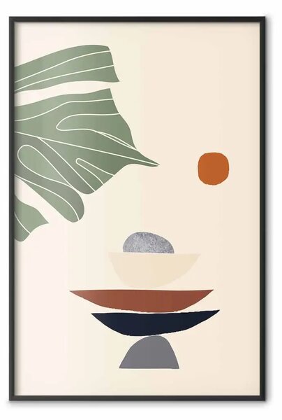 Poster: Terrazza soleggiata - astrazione con foglia verde stile Zen