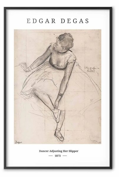 Poster: Edgar Degas: Ballerina che aggiusta la scarpetta - donna e testo nero