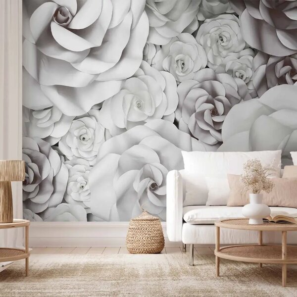 Carta da parati moderna Boccioli di rose in bianco e nero - modello monocromatico con petali di fiori
